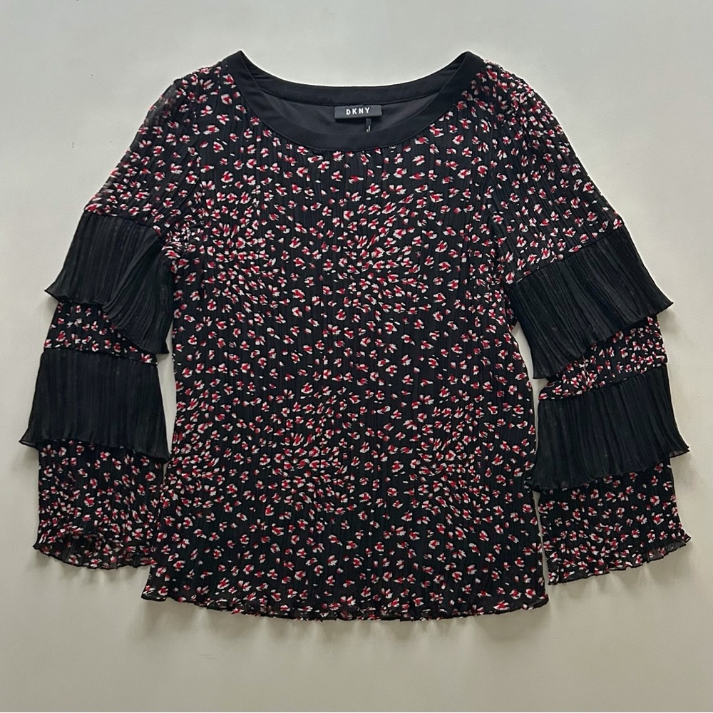 DKNY Black Floral Ruffle Sleeve Blouse Feminine Top Size M